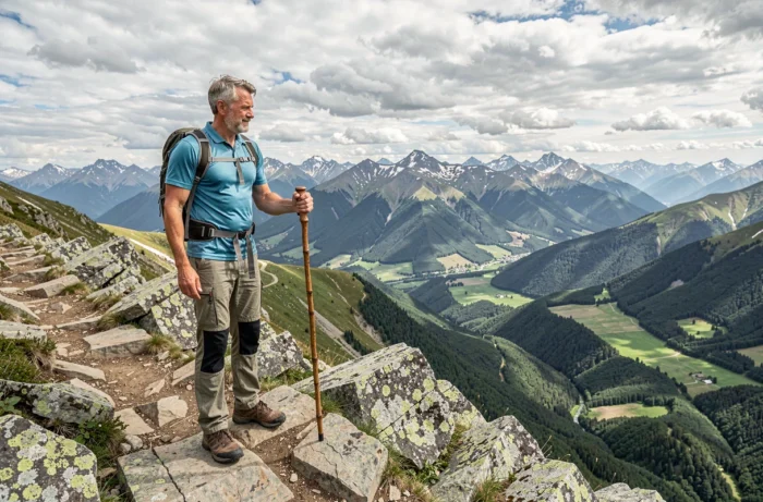 Randonneur contemplant un panorama de vallées et de montagnes enneigées lors d'un trek