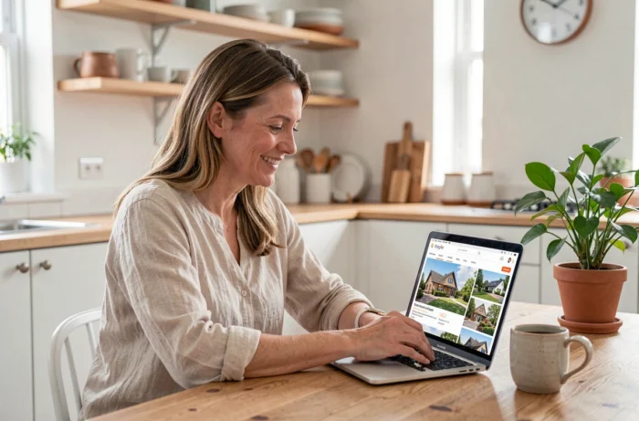 Femme utilisant la plateforme Abritel sur un ordinateur portable pour rechercher une location de vacances