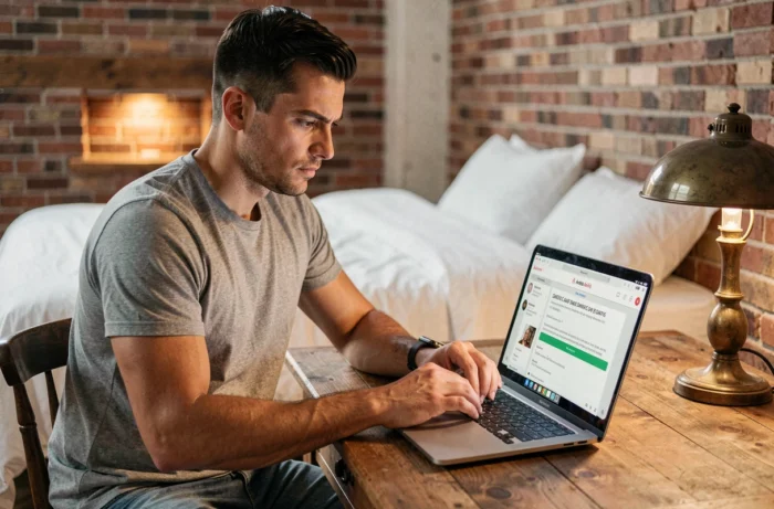 Voyageur consultant une réclamation de dommages Airbnb sur son ordinateur portable dans un appartement de location