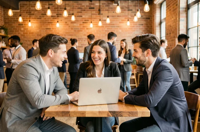 Groupe de jeunes professionnels en réseautage lors d'un événement carrière dans un espace café moderne