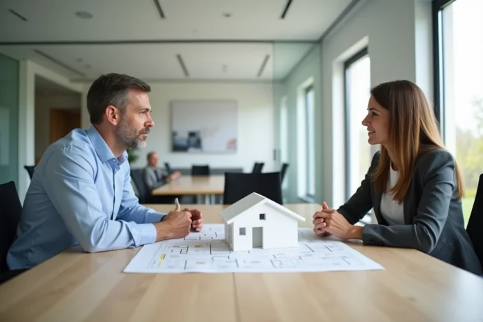 Réunion de dirigeants d'une entreprise de construction de maisons individuelles autour de plans architecturaux