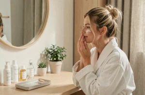 Femme appliquant une crème hydratante devant un miroir dans une salle de bain moderne et épurée, routine beauté du matin