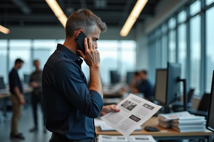 Journaliste dans une salle de rédaction contactant son équipe par téléphone pour des questions éditoriales