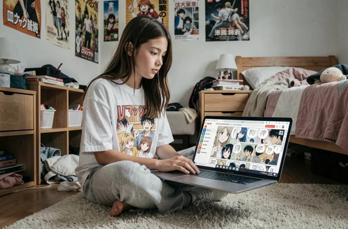 Adolescente lisant le scan One Piece en ligne sur son ordinateur portable dans sa chambre