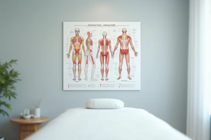 Schéma anatomique éducatif affiché dans un cabinet de massage indiquant les zones corporelles à éviter lors d'un soin