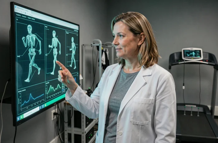 Scientifique du sport analysant des données biomécaniques sur la vitesse maximale humaine en laboratoire