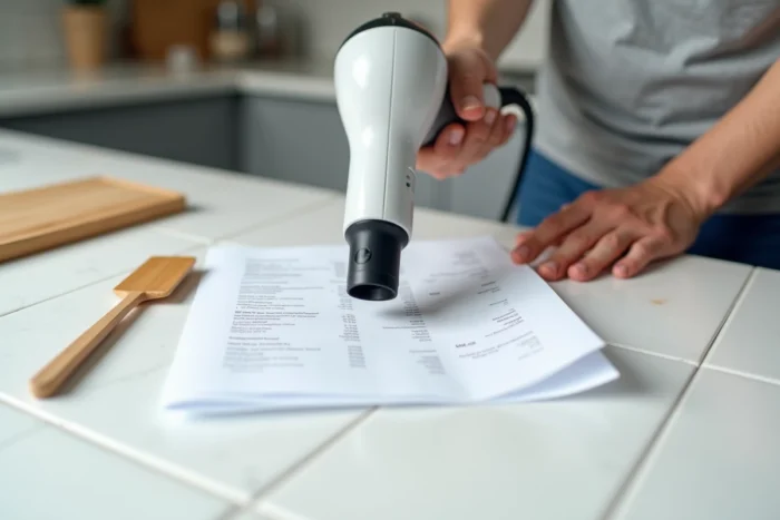 Mains masculines utilisant un sèche-cheveux pour décoller le plastique d'un document laminé sur un plan de travail en céramique