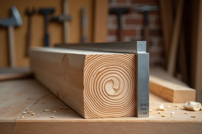 Gros plan sur la section transversale d'une poutre lamellé-collé avec équerre métallique pour vérification des dimensions en atelier