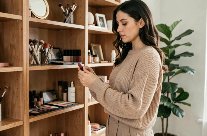 Jeune femme choisissant un rouge à lèvres devant une étagère de maquillage bien organisée dans une chambre cosy