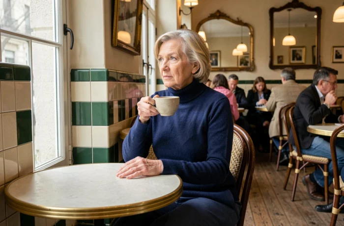 Femme senior profitant d'un café dans un bistro parisien authentique