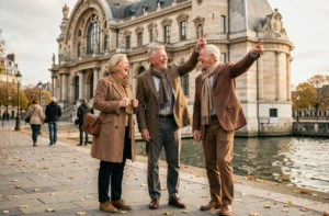 Groupe de seniors joyeux devant le Musée d'Orsay à Paris en automne
