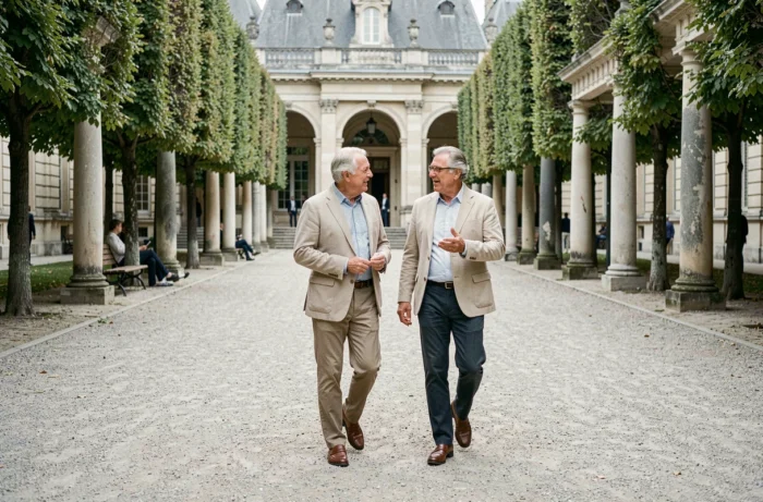 Deux seniors se promenant et discutant dans le Jardin du Palais-Royal à Paris