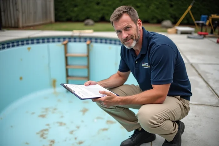 Spécialiste en rénovation de piscine inspectant la structure intérieure dégradée