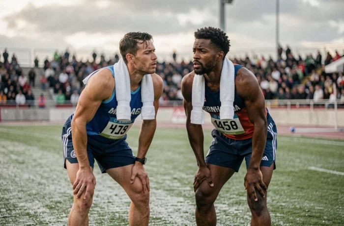 Deux sprinteurs au repos après une course illustrant les capacités physiques extrêmes du corps humain