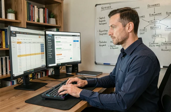 Un homme travaillant sur une stratégie de référencement naturel avec deux écrans affichant des résultats de recherche et un tableau de bord de mots-clés dans un bureau à domicile
