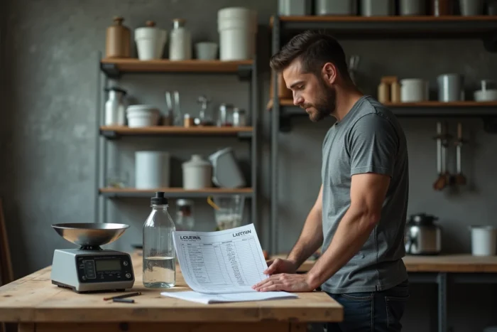 Homme consultant un tableau de conversion litres kilogrammes avec une bouteille et une balance dans un atelier
