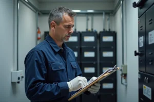 Technicien en énergie solaire examinant une banque de batteries lithium fer phosphate dans une salle de stockage résidentielle moderne