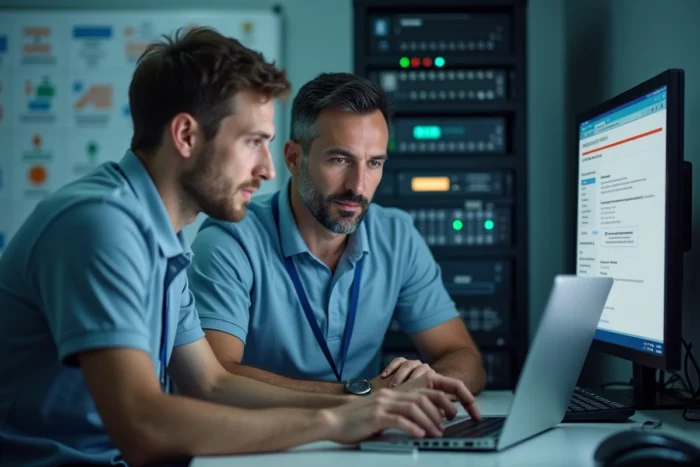 Technicien informatique aidant un collègue à résoudre une erreur d'authentification sur la messagerie AP-HP depuis un ordinateur portable
