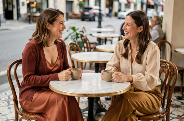 Deux femmes aux styles tendance discutant autour d'un café dans un bistrot parisien au décor vintage