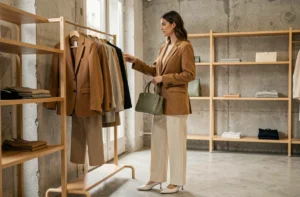 Jeune femme élégante en blazer camel et pantalon large crème dans une boutique de mode parisienne minimaliste