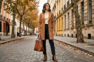 Femme élégante en manteau camel et bottines en cuir dans une rue pavée parisienne à l'automne — tendances mode saison