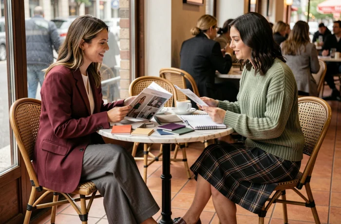 Deux femmes stylées discutant de tendances mode et conseils autour de magazines dans un café parisien — saison automne-hiver