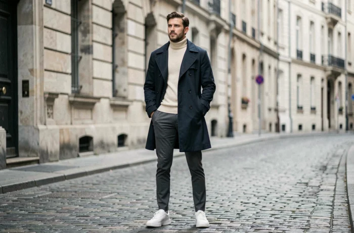 Homme tendance en trench-coat marine et sneakers chunky dans une rue pavée d'une ville européenne