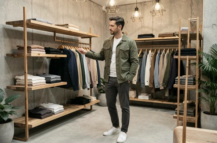 Homme en veste utility olive explorant les nouveautés dans un concept store minimaliste — conseils mode tendances saison
