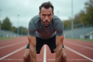 Coureur en plein vertige après un effort intense, mains sur les genoux sur une piste d'athlétisme extérieure