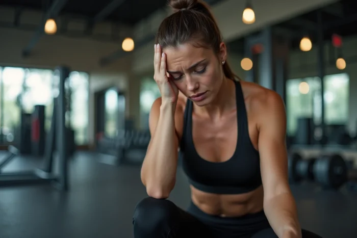 Femme fatiguée tenant sa tempe après un entraînement intensif dans une salle de fitness, symptôme de vertige post-effort