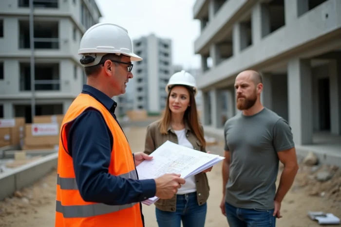 Visite de chantier avec un conducteur de travaux et des futurs propriétaires devant une maison en construction en 2026