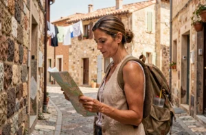 Voyageuse consultant une carte dans une ruelle pittoresque d'un village méditerranéen