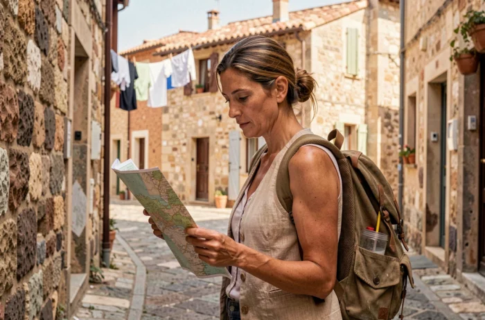 Voyageuse consultant une carte dans une ruelle pittoresque d'un village méditerranéen