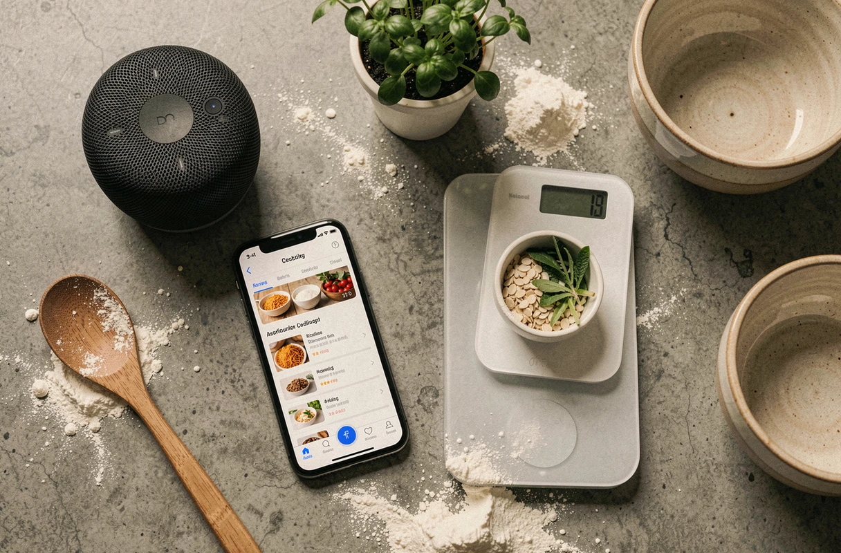 Vue aérienne d'une cuisine connectée avec assistant vocal, balance intelligente et application de cuisine sur smartphone